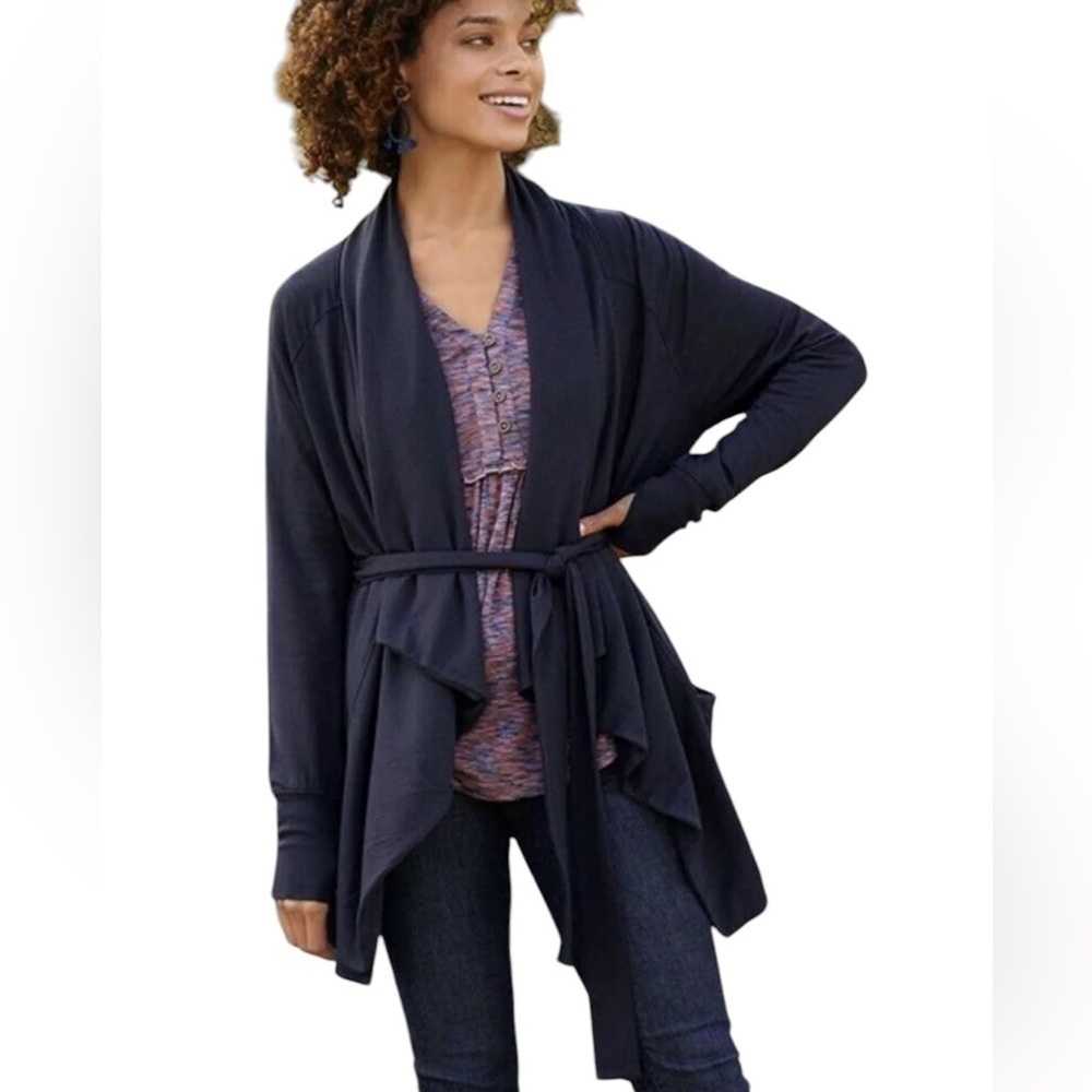 Matilda Jane THAT'S A WRAP Jacket Open Drape Front Pockets Navy Blue Large